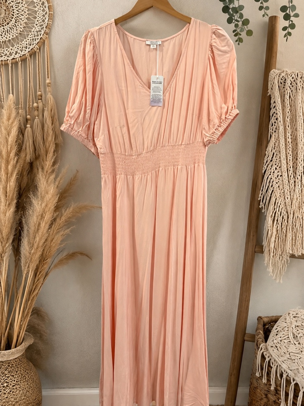 VENUS Peach Maxi Dress with Smocked Waist
